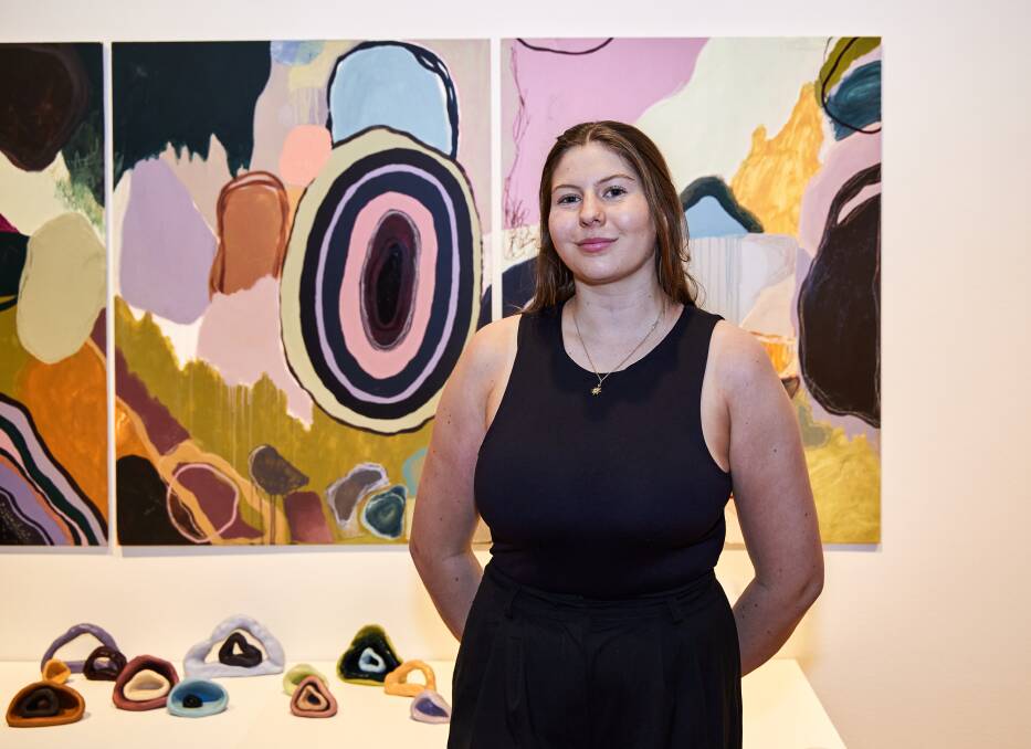 Former Trinity Catholic College student, Tess McKenzie, was thrilled to have her work, 'Field of My Subconscious,' selected for ArtExpress and shown at the Art Gallery of NSW. Picture by Christopher Snee, AGNSW.