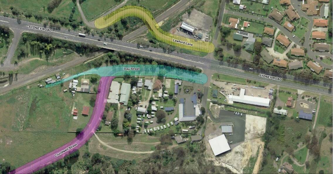 The council is proposing to rename Sydney Road extensions to Lawford Lane (top) and Day Street (marked in aqua) to rid confusion about addressing. Image: Goulburn Mulwaree Council.