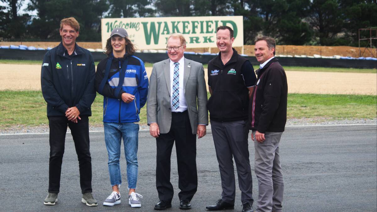 Roy Chamberlain, Goulburn motorcycle star Tom Toparis, Mayor Bob Kirk, Wakefield Park operations manager Dean Chapman, and Benalla Auto Group director Chris Lewis at Wakefield Park marking the launch of the Australian Superbikes Championship round at the raceway in march this year. Photo: Zac Lowe.