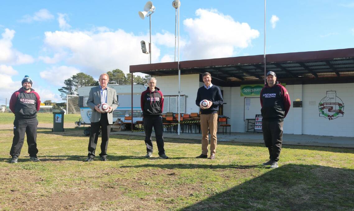 LET'S GET KICKING: Southern Tablelands Football Association representatives Jason Broadbent (STFA), Robert Scott senior and Craig Norris pictured with Mayor Bob Kirk and Hume MP Angus Taylor earlier this year. Photo supplied.