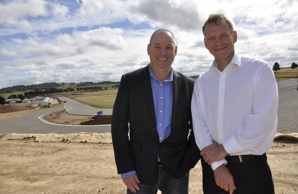 Goulburn Mulwaree Council CEO Aaron Johansson with One Raceway's head of motor sport, commercial and partnerships, Ian Watts. Picture by Louise Thrower.
