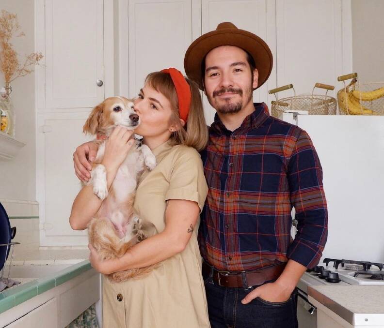 HOPEFUL: Victorian couple Dylan-Lee and Emilio Polanco, with their dog Obi, have been bumped off their Los Angeles flight home.