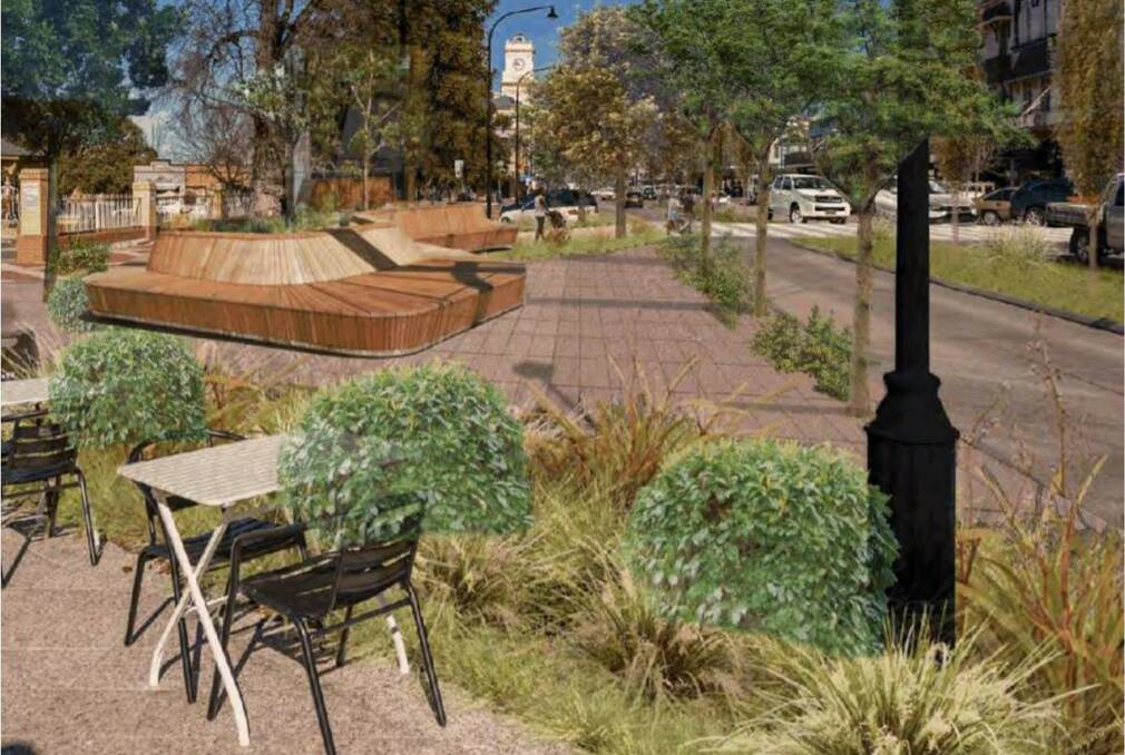 IMPRESSION: An artist's impression of the new look greener Auburn Street, complete with wooden street furniture, trees and shrubs. Image supplied. 