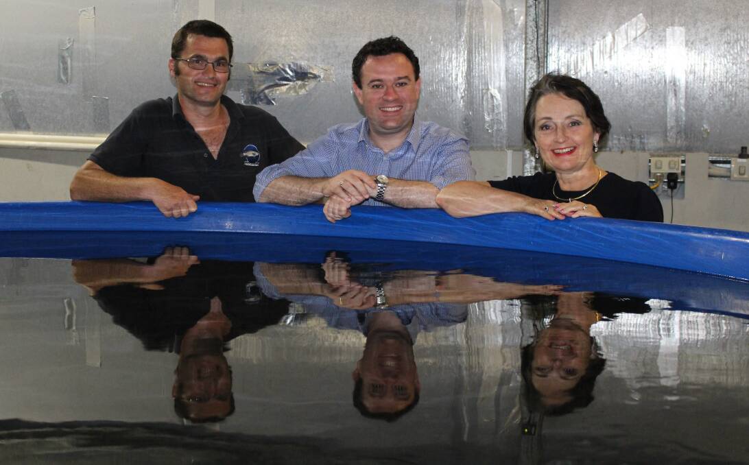 SUCCESS: Manager of the Marian Vale Blue aquaculture farm John Breen, near Marulan, with NSW Minister for Trade Stuart Ayres and Member for Goulburn Pru Goward on Friday. 