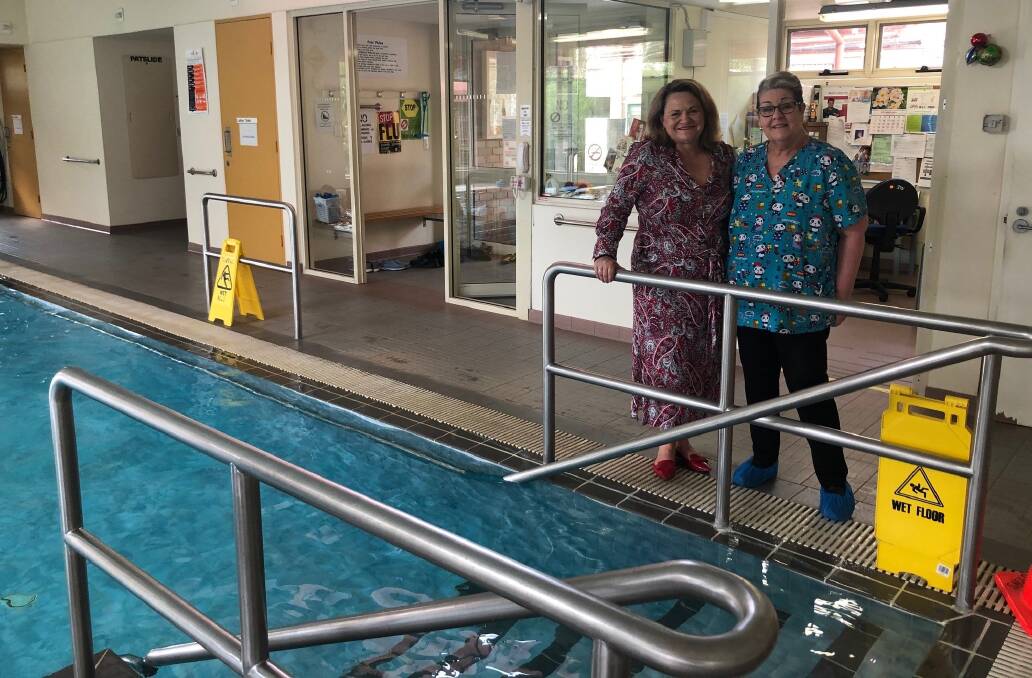 WADING IN: Member for Goulburn Wendy Tuckerman and Chrissie Licit at the Hydrotherapy Pool. Photo supplied. 