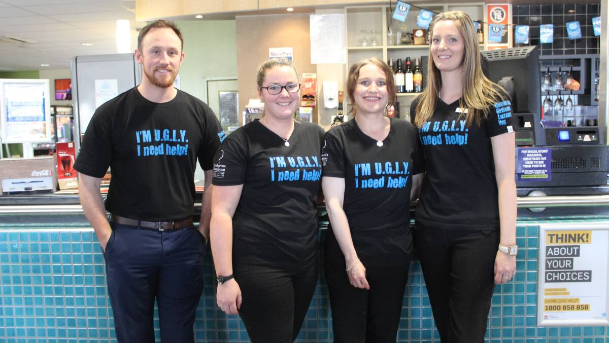 GOOD CAUSE: U.G.L.Y bartenders Stuart Joyce, Jess Hayes, Emma Charles and Dede Rowe from the Goulburn Railway Bowling Club. They are fundraising for the Leukaemia Foundation.