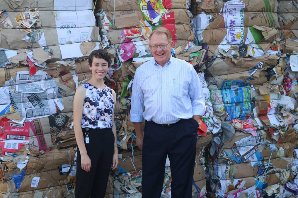 EXCESS WASTE: Goulburn Mulwaree Mayor Bob Kirk and the council's waste projects and education officer Hannah Cotton at Endeavour Industries. 

