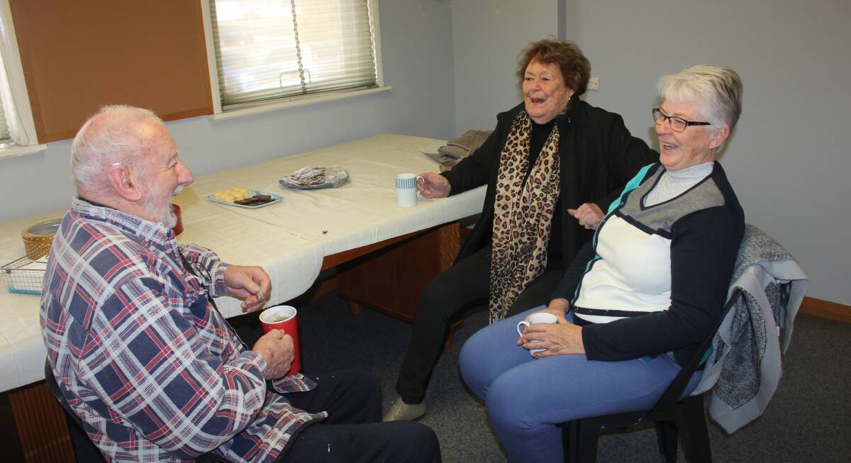 CATCH UP: Brian Spilsbury (senior), Rae Cohen and Jenny James enjoy a laugh and a cuppa in the U3A kitchen at theire premises in Combermere St. Photo David Cole. 