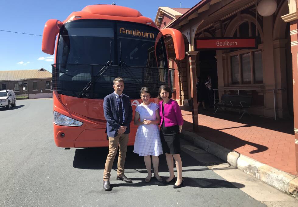 COACH: NSW Minister for Transport Andrew Constance, Member for Goulburn Pru Goward, and Premier Gladys Berejiklian announcing the NSW Trainlink coach service.