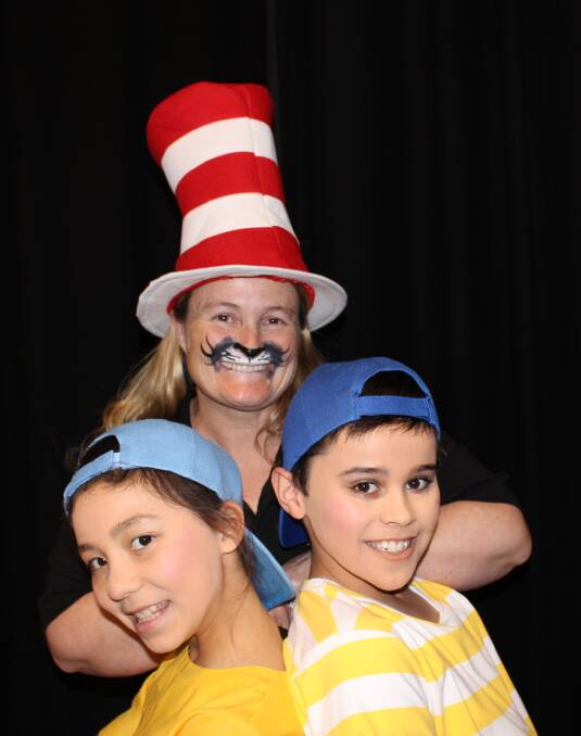 FUN: Jane Van Dorp (The Cat in the Hat), with Joshua Arnold and Matilda Deng at rehearsals on the weekend. 