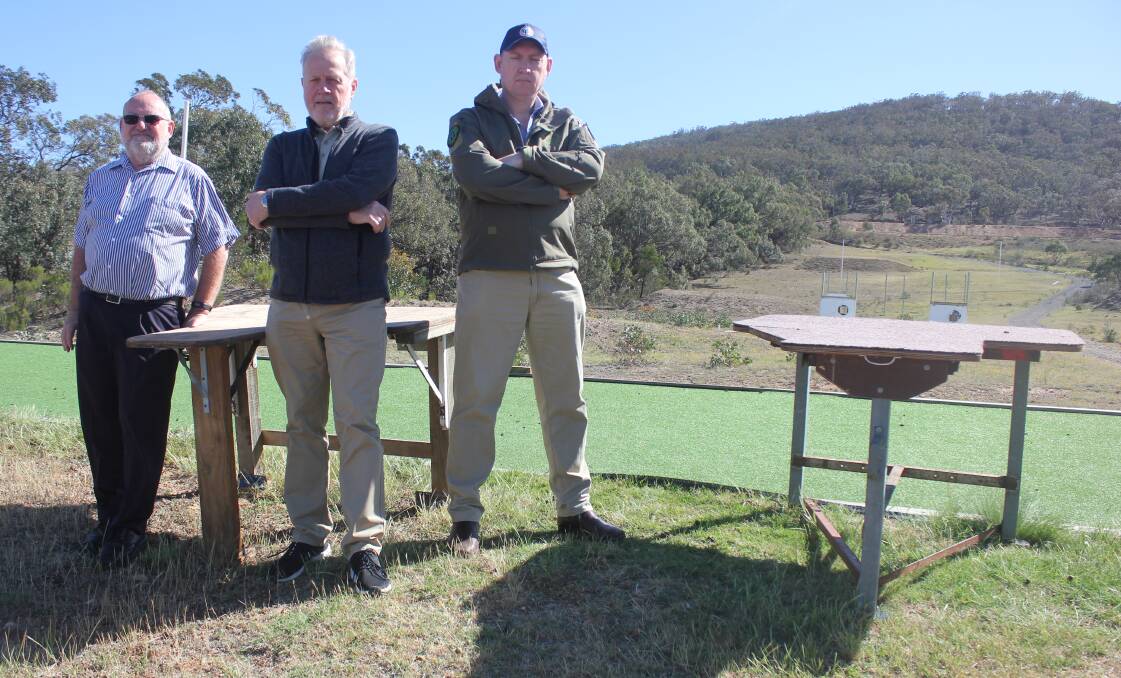 FRUSTRATED: SSAA Goulburn president Bill Irvine, NSW Shooters, Fishers and Farmers leader Robert Borsac and SSAA Goulburn member Andy Wood at the Goulburn Rifle Range last Thursday. Photo David Cole.