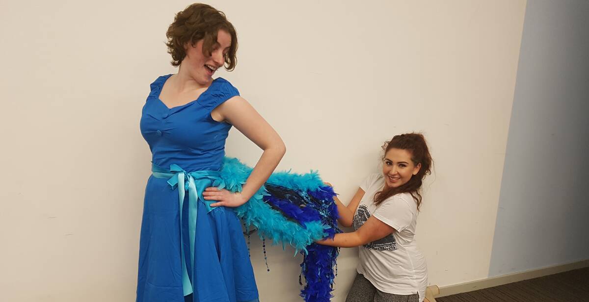 costumes: Brittany Lewis and Caitlin Jiear hamming it up at rehearsals.  