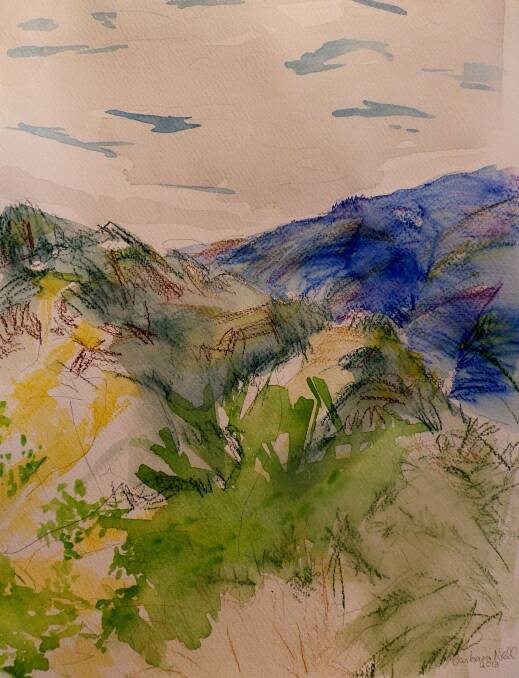 Ginestrelle Landscape, Watercolour on paper, 30 x 40 cm, by Barbara Nell. 