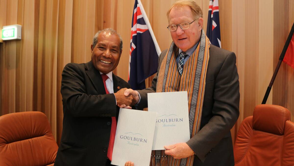 The ambassador of Timor Leste to Australia H.E. Abel Guterres with Goulburn Mulwaree Mayor Bob Kirk.
