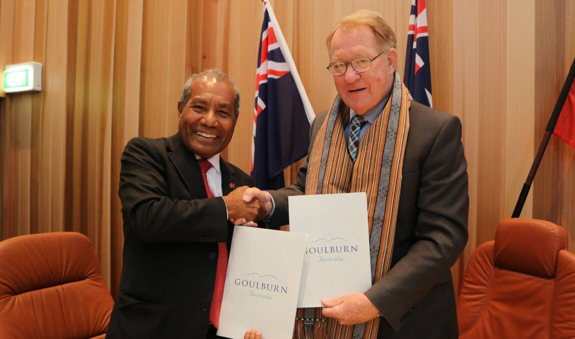 FRIENDS: Mayor Bob Kirk recently met with his Excellency Mr Abel Guterres, Ambassador Extraordinary of Timor Leste, in Council Chambers to formalise the agreement. Photo supplied. 