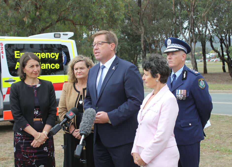 NSW Premier Gladys Berejiklian, Liberal candidate for Goulburn Wendy Tuckerman, NSW Police Minister Troy Grant, Member for Goulburn Pru Goward and NSW Police Commissioner Mick Fuller making the announcement at the NSW Police Academy on Friday.