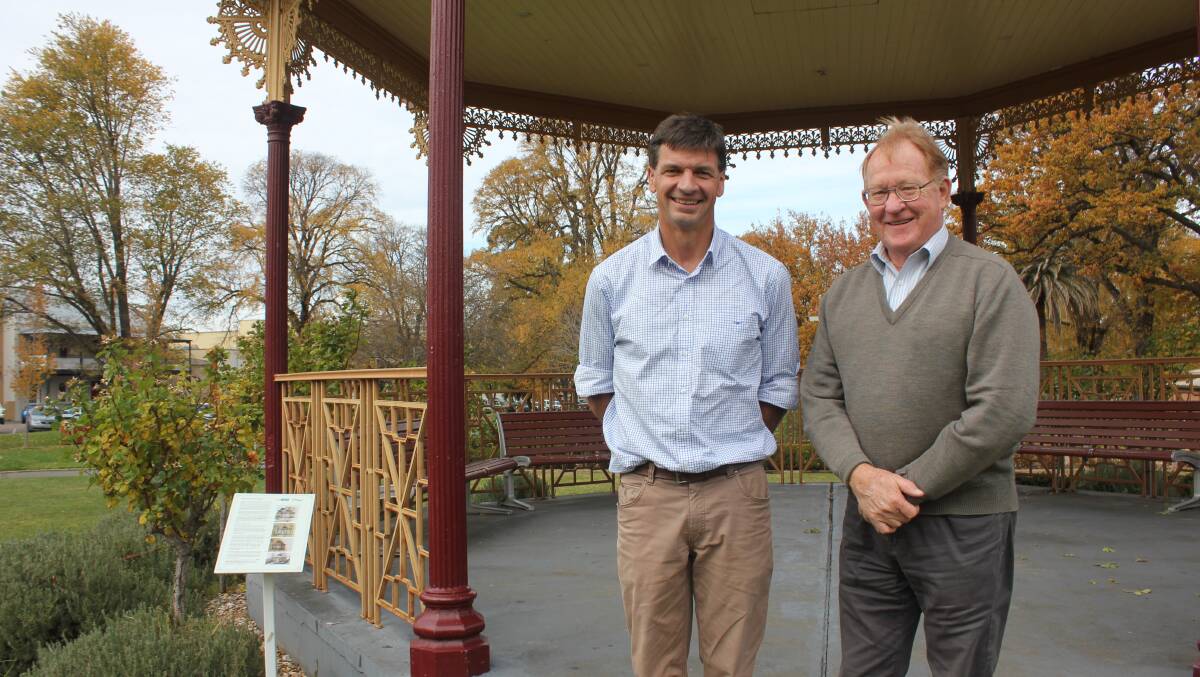 Member for Hume Angus Taylor and Goulburn Mulwaree Mayor Bob Kirk in Belmore Park on Monday.