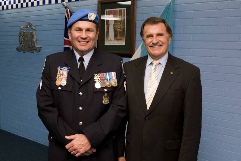 Grant Schultz with his father Alby at the Goulburn Police Museum opening. Photo: Supplied.