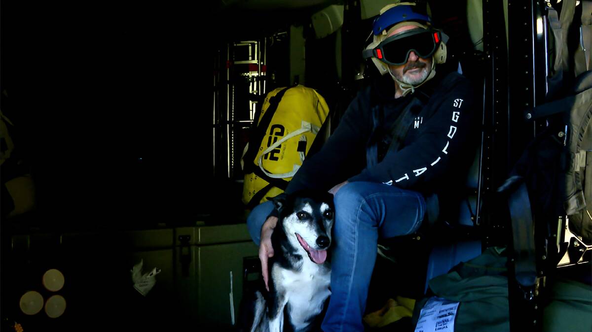 RESCUE: Above and below - A dog sits in a the Navy MRH-90 Taipan with his owner after being rescued during the ADF search and rescue support during Operation NSW Flood Assist.Photo: Defence