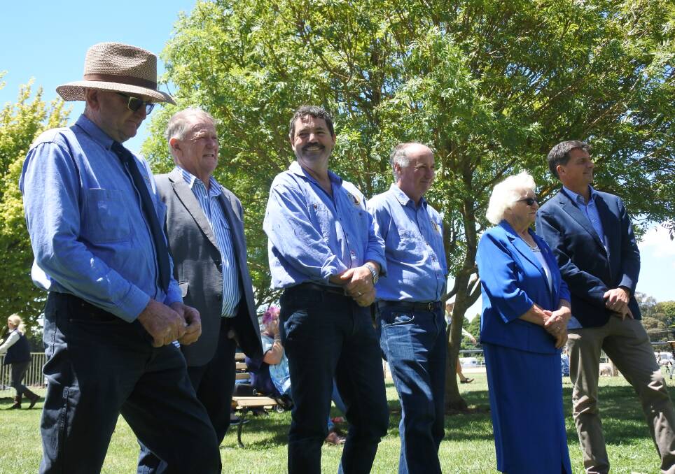 Angus Taylor (right) with the Crookwell Show 2018 honorary life members, Tony Hewitt, Roger McIntosh, Kim George, Ken Hewitt and Reta Beattie.
