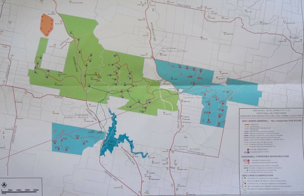 Crookwell Development will revise the southern cluster of turbines near Pejar Dam to mediate community concerns. Map courtesy of Crookwell Development. 