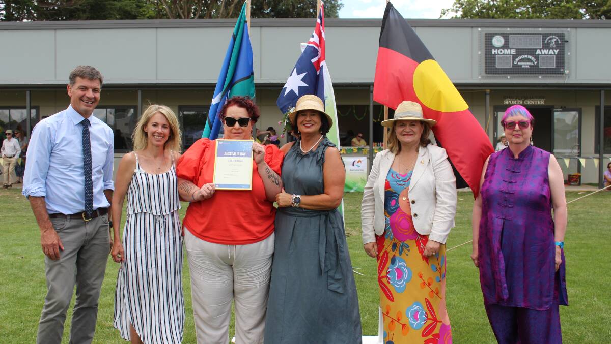 This years Upper Lachlan Shire Citizen of the Year, Nic Foster, flanked by Member for Hume Angus Taylor, Australia Day Ambassador Sophie Smith OAM, Mayor Pam Kensit, Member for Goulburn Wendy Tuckerman and Deputy Mayor Mandy McDonald.