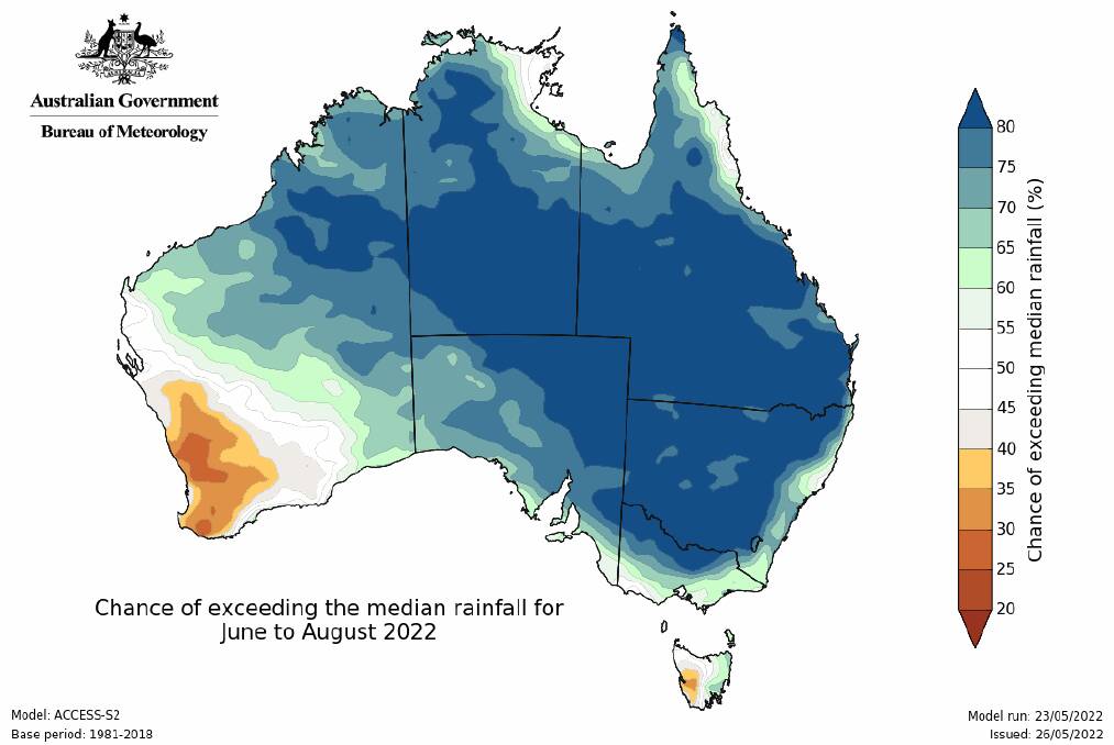 Wet winter: Rainfall predictions for June through to August. Picture: Bureau of Meteorology. 