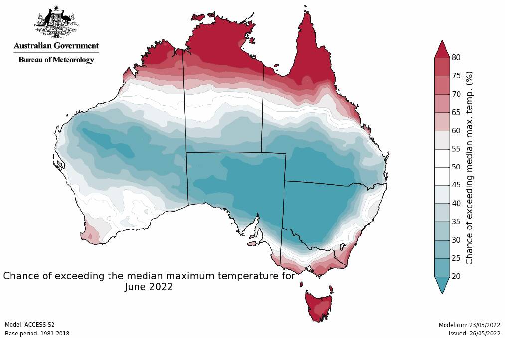 The June temperature predictions from the Bureau's winter outlook. 