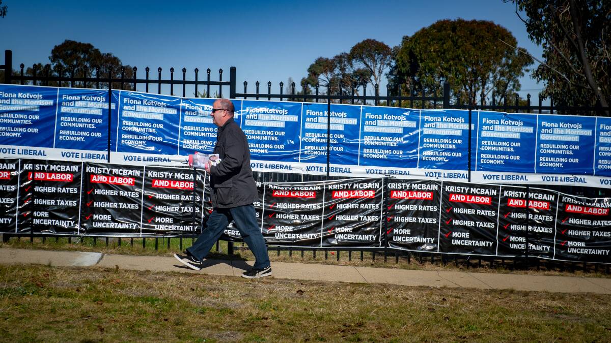 Candidates' plastic bunting lines the fences of polling booths at Queanbeyan East Public School. Picture: Elesa Kurtz 