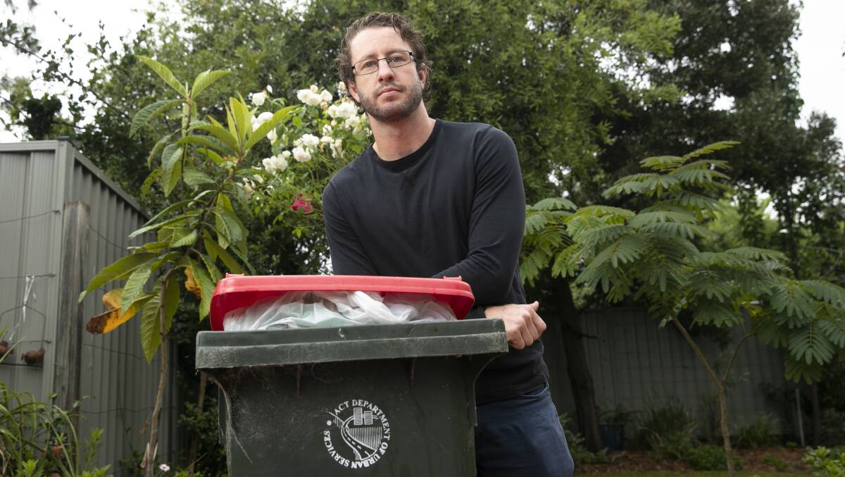 FOGO trial resident Luke Wrigley says his waste bin is now always overflowing before pick-up day. Picture: Keegan Carroll