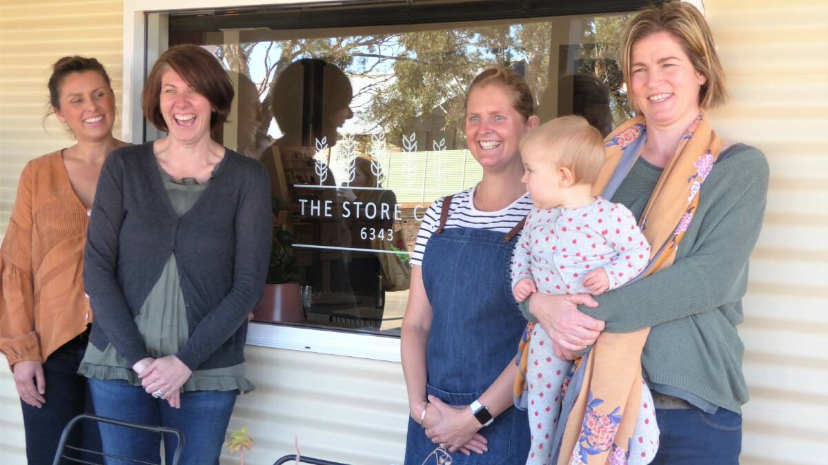 DO DROP IN: The Store cafe at Pingrup feeds wayfarers on the Public Silo Trail. From left Mardi Stanich, Stephanie Clarke-Lloyd, Kate Hawley, Stacey Newman and baby Amelia.