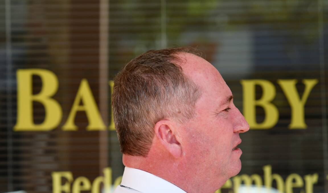 BABY: Deputy Prime Minister Barnaby Joyce outside his electoral office in Tamworth after his relationship with Vikki Campion became public in 2018. Photo: Gareth Gardner