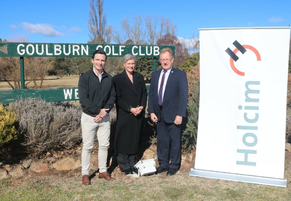 COME OUT SWINGING: Holcim Sydney aggregates manager Peter Lawlor, Goulburn Soldiers Club general manager Toni Mitchell (Silver Sponsor) with Cr Bob Kirk.