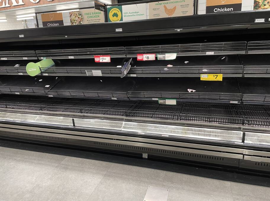 Chicken - absent from Goulburn Woolworths shelves - has become scarce as hen's teeth throughout NSW.