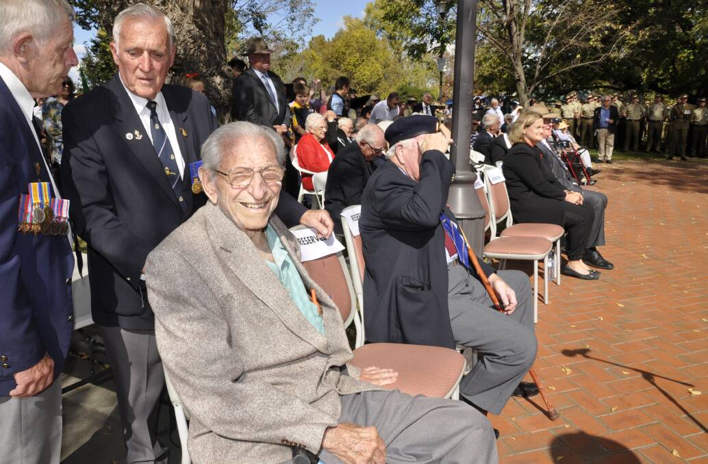 100 CANDLES: Peter Allen pictured at the 2019 Anzac Day with then Goulburn RSL Sub Branch president Gordon Wade (right) and member Rod Maclean.
