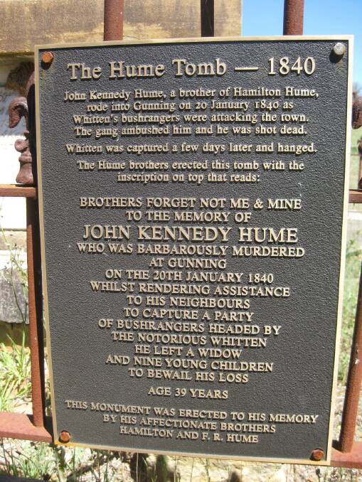 REMEMBERED: The plaque in Gunning General Cemetery for John Kennedy Hume, murdered by Thomas Whitten in 1840.