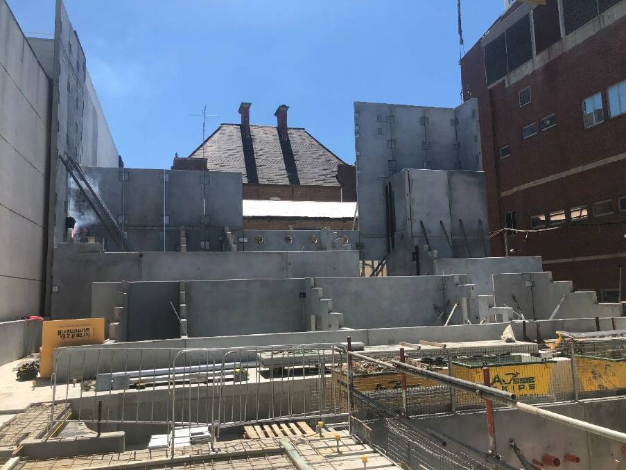 Work on placement of precast wall panels for the auditorium at the Goulburn Performing Arts Centre has progressed well over recent weeks, with 140 of the 210 panels needed now installed.