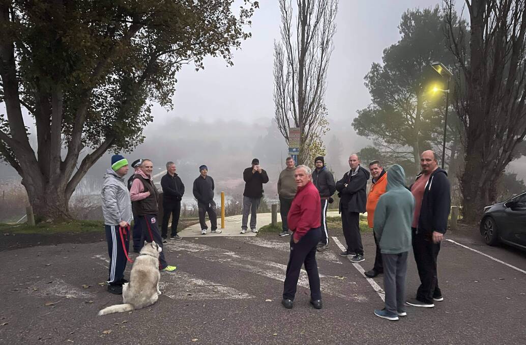 Goulburn Man Walk participants at the end of a foggy walk this morning.