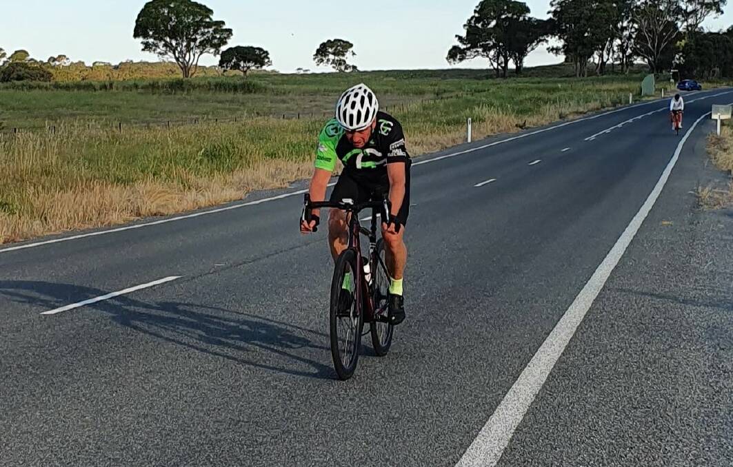 For the win: Peter Jackson makes the winning break from his Goulburn Cycle Club competitors en route to a strong victory. Photo: Supplied. 