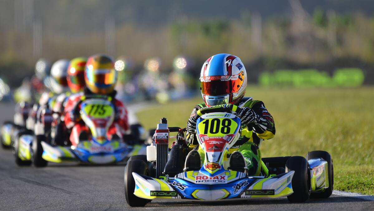 In the lead: Goulburn's Costa Toparis sits at the front of the pack during the recent Rotax Grand Finals in Italy. Photo: Supplied.