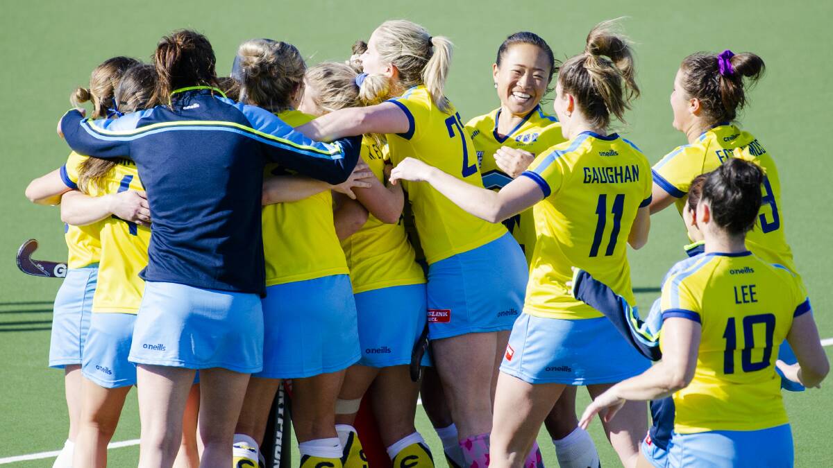 Ecstasy: The Canberra Chill women celebrate their nailbiting penalty shootout win over the Brisbane Blaze in round one, which preceded their more decisive victory on Saturday. Photo: Jamila Toderas