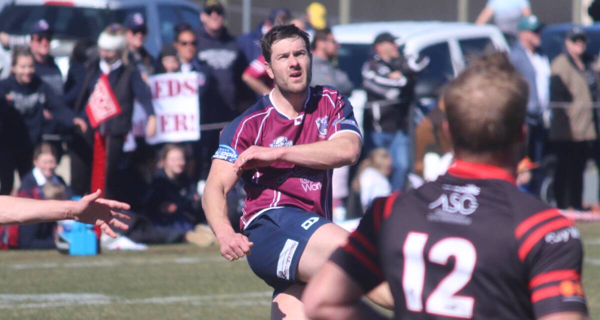 Good kick: Mikael Webber slots a conversion during the Dirty Reds' 28-21 loss to the Gungahlin Eagles in the 2019 grand final. Photo: Zac Lowe.