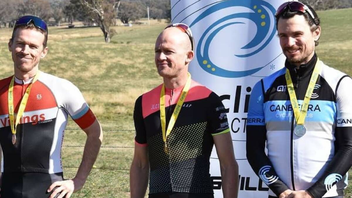 Champion: Adam Kiss (centre) on the podium after his victory in the Cycling ACT Road Race Championships over the weekend. Photo: Goulburn Cycle Club/Facebook.