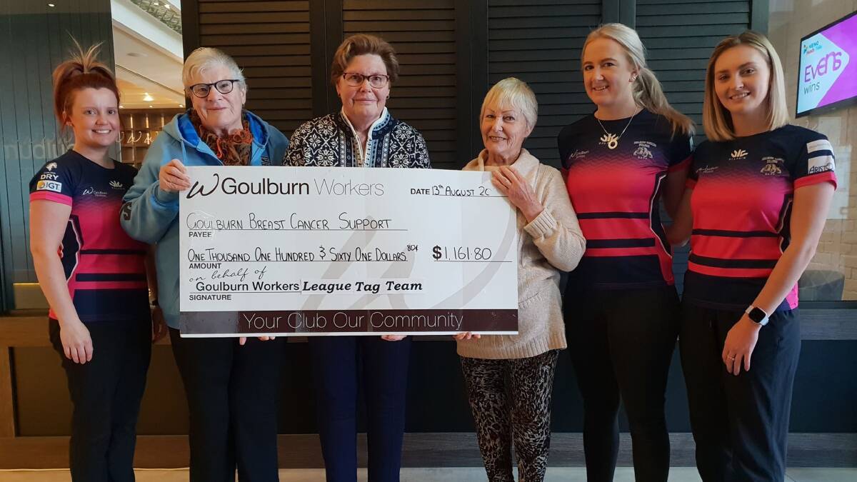Recipients: (from left) Keisha Northey, Miriam Lockwood, Gloria Watchirs, Loz Westley, Jess Antony, and Grace Marshall with the check from Ladies Day. Photo: Zac Lowe.