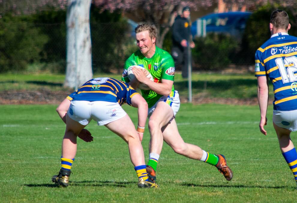 Collision: Tom Croker (seen here against the Woden Rams in round seven) has spent much of this season playing in the number two jersey. Photo: Canberra Region Rugby League.