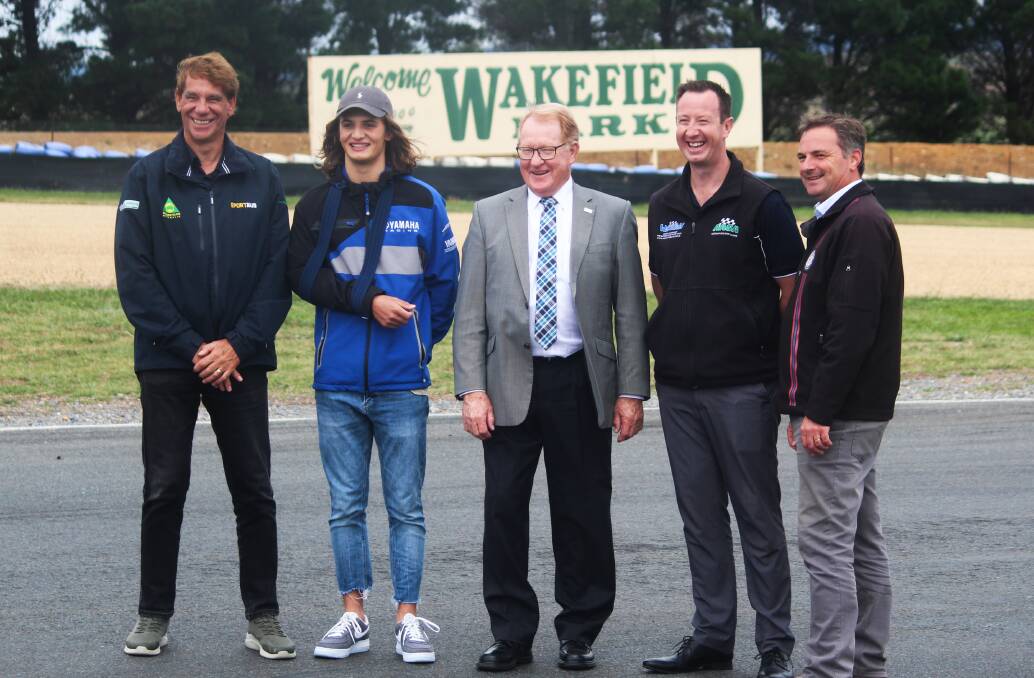 Launched: (From left) Roy Chamberlain, Tom Toparis, Cr Bob Kirk, Dean Chapman, and Chris Lewis at Wakefield Park on Tuesday. Photo: Zac Lowe.