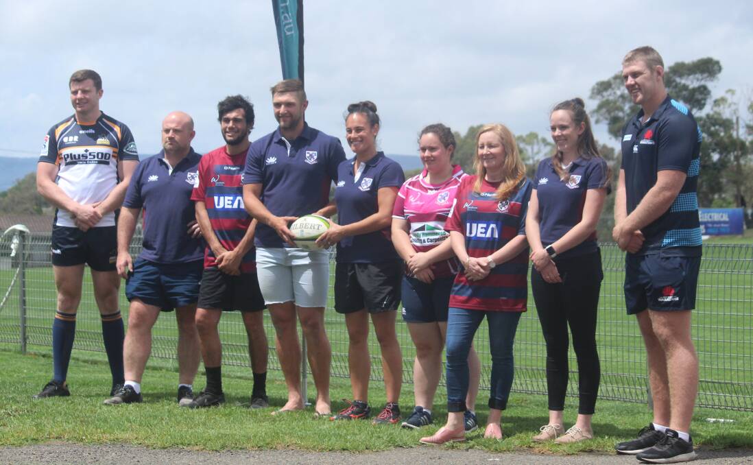 Visitors: Members of the Goulburn Rugby Union Football Club welcome Murray Douglas (far left) and Tom Staniforth (far right) to the Goulburn Workers Arena. Photo: Zac Lowe.