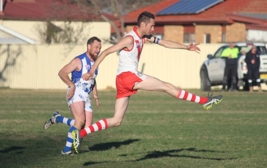 In flight: The Goulburn Swans have been training for several weeks, and are looking to round out their numbers ahead of the 2020 season. Photo: Zac Lowe.