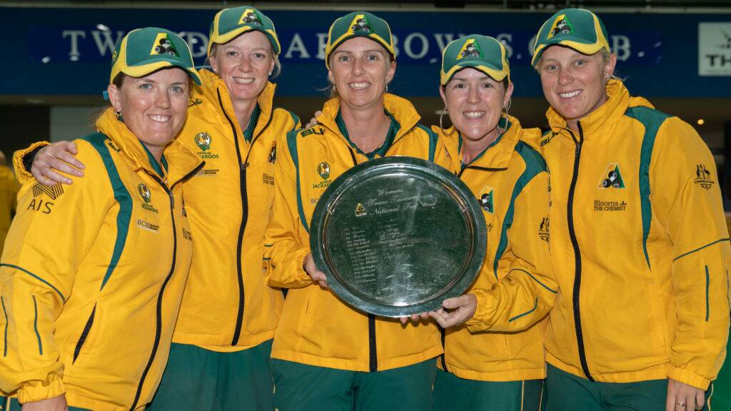 Team Australia: Ellen Ryan (second from left) said she and her Australian teammates have stayed in touch during the lockdown. Photo: Bowls Australia. 