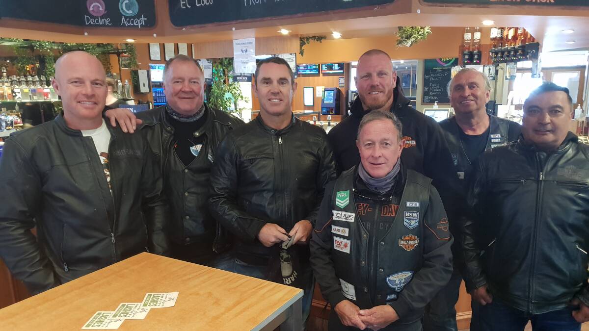 The group: Brad Fittler (third from left) with his fellow riders at the Hibernian Hotel, where they had lunch before departing Goulburn. Photo: Zac Lowe.